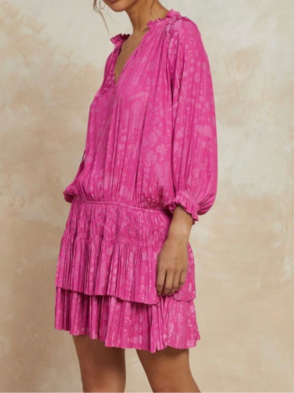 Current Air Hot Pink Floral Smocked Tiered Mini Dress